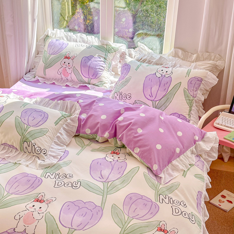 Four-piece Cartoon Cotton Bed Set Purple flowers B9 02